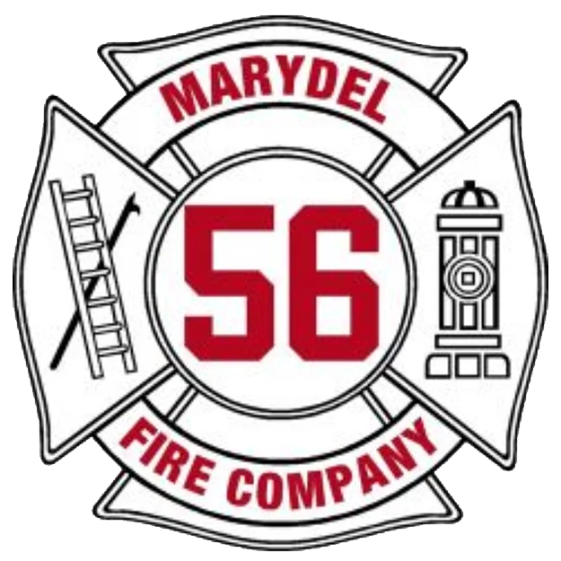 The image shows the emblem of the Marydel Fire Company. It features a Maltese cross with "MARYDEL FIRE COMPANY" in red. A ladder and hydrant appear within the cross, with the number "56" prominently displayed in the center.